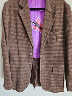 Modern Amusement Brown Plaid Blazer with Purple Lining